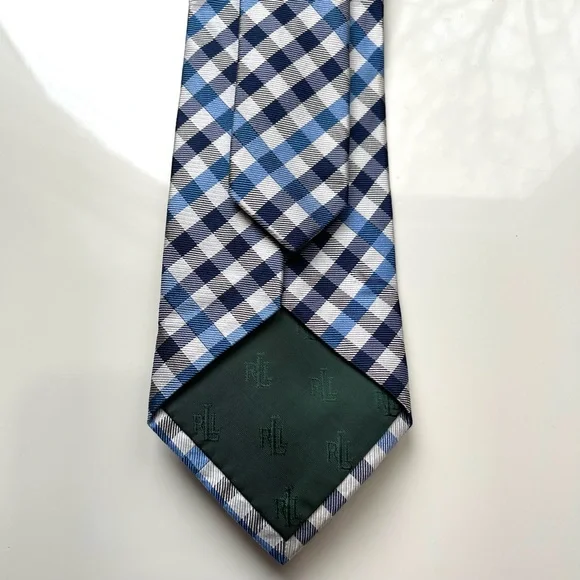 Ralph Lauren Men’s 100% Silk Navy and Light Blue Checkered Tie - Picture 4 of 7